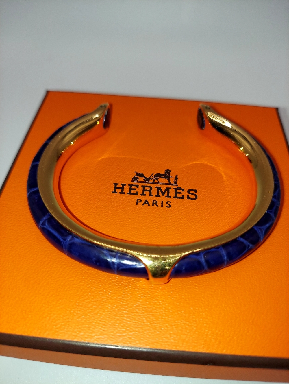 Vintage Unisex HERMES KYOTO Gold Tone  With Blue Leather Cuff Bangle Bracelet!
